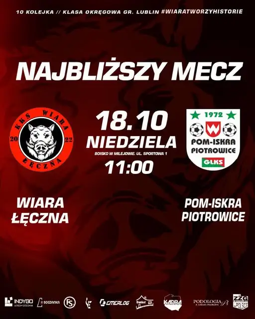 Klasa okręgowa: KKS Wiara Łęczna zagra z POM Iskra Piotrowice w Milejowie
