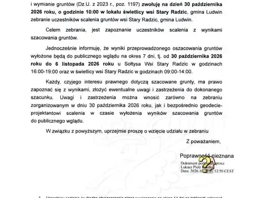 Zebranie w sprawie scalenia gruntów w Starym Radzicu – 30 października