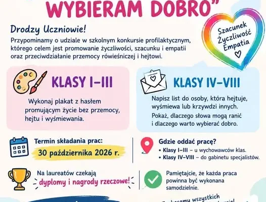 Szkoła ogłasza konkurs profilaktyczny „Słowa mają moc – wybieram dobro”