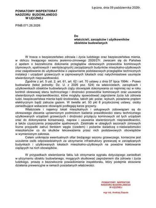 PINB Łęczna apeluje o przeglądy kominów i instalacji grzewczych przed sezonem zimowym