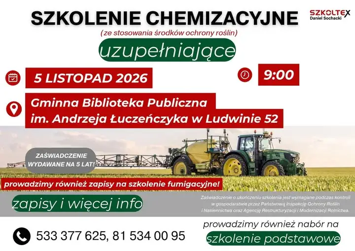 Obowiązkowe szkolenie chemizacyjne dla rolników z gminy Ludwin – 5 listopada